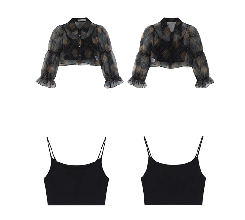 クロップド シアー シャツ アーガイル パフスリーブ レディース かわいい 大人可愛い きれいめ シンプル カジュアル 上品 おしゃれ ラフ メンズライク 都会的 通勤 デート お出かけ レストラン