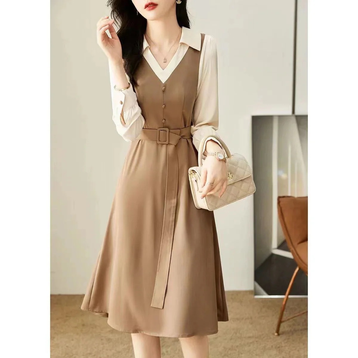 初秋 人気 長袖 ワンピース 秋 ドレス ロングスリーブ エレガント シンプル 通勤 スキニー ドレス 韓国ファッション