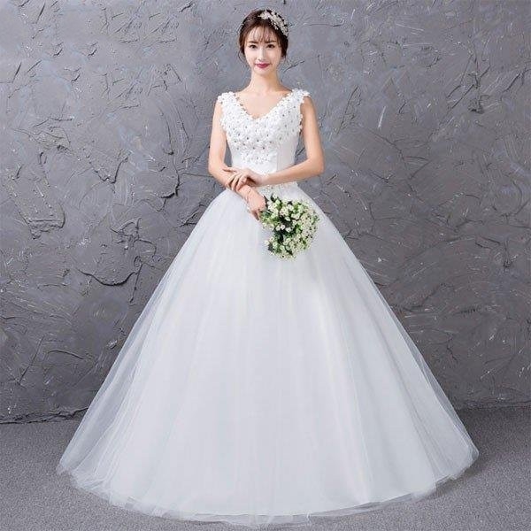 ウエディングドレスマキシ丈ホワイトVネック豪華袖なし上品エレガントお呼ばれ結婚式二次会演奏会花嫁ドレス披露宴撮影編み上げ式