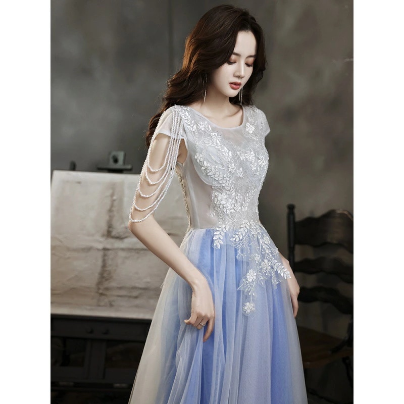 カラードレス ファスナー パーティードレス フォーマルドレス ロングドレス 半袖 ラウンドネック ブルー ビーズ 結婚式 二次会 発表会 ウェディングドレス 花嫁 ゲストドレス ステージドレス 演出