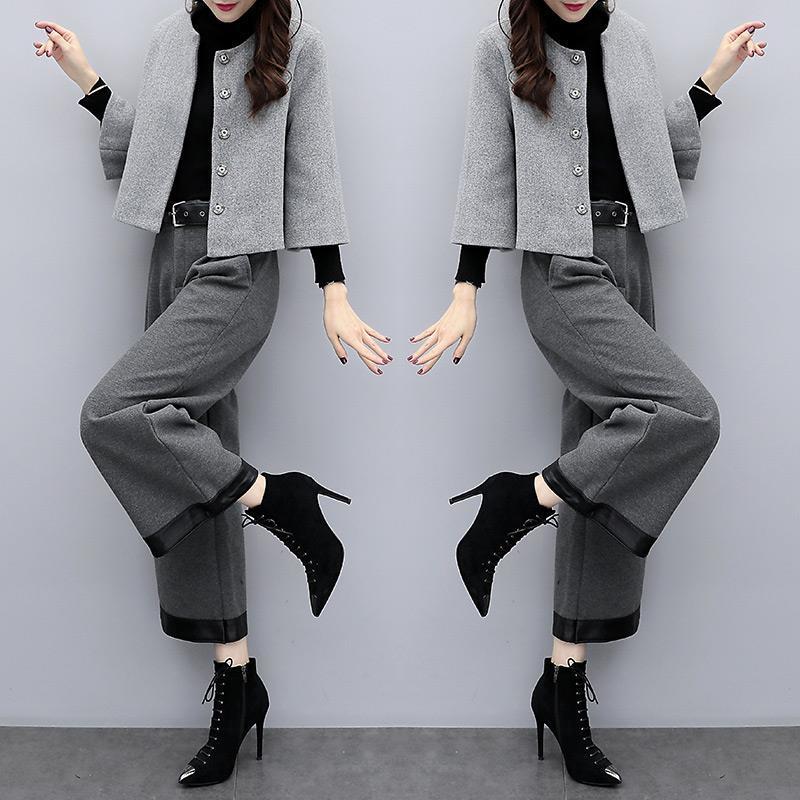 ハイエンドのカスタマイズ-2024 新しい婦人服秋と冬プラスサイズツーピースパンツウールショートコートワイドレッグパンツカジュアルファッションスーツ女性のトレンドセットアップ