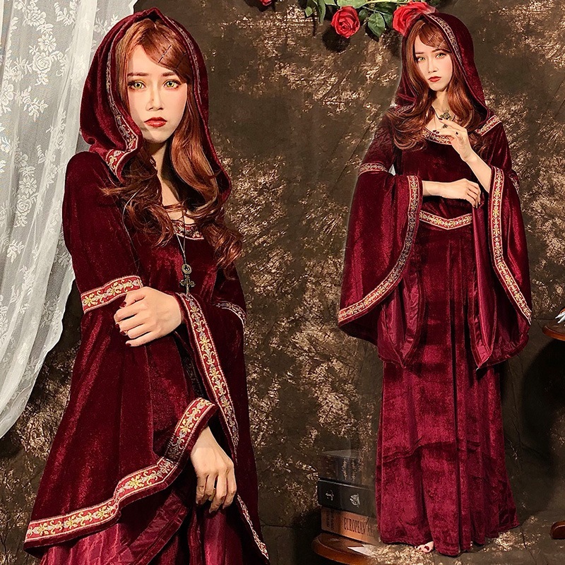 ハロウィン大人用コスプレ衣装 赤い幽霊の花嫁 吸血鬼 フード付きロングスカート マジシャン 魔女ローブ