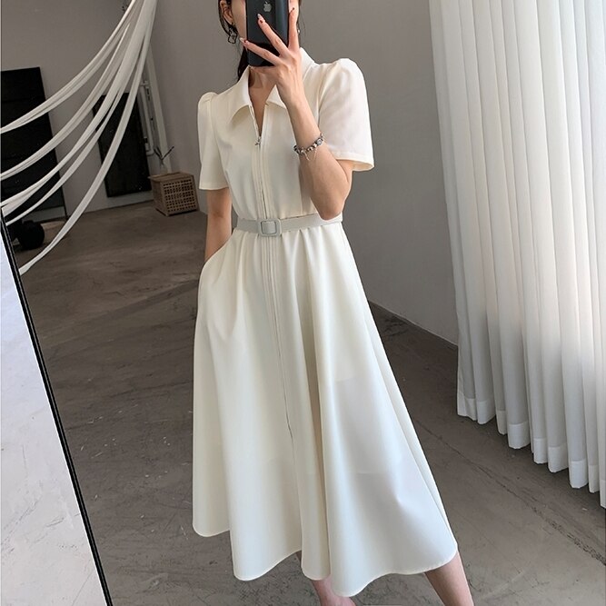 ワンピース レディース 送料無料 フレアワンピース フレア シャツワンピース ロング丈 ロングワンピース ミモレ丈 ミモレワンピース ホワイト 襟付き Vネック 半袖 前開き ファスナー ハイウエスト