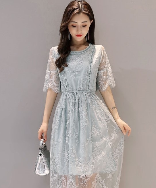 1854.花柄シースルーレースドレスワンピース（ブルー）2019 春夏 sale 春夏 sale 半袖 フレア クールネック ビーチ リゾート お呼ばれ パーティー 結婚式 披露宴 二次会 女子会 レ