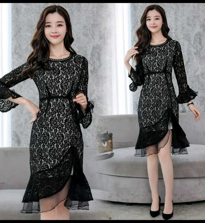 600.フラワーレースフィッシュテールワンピース（ブラック）