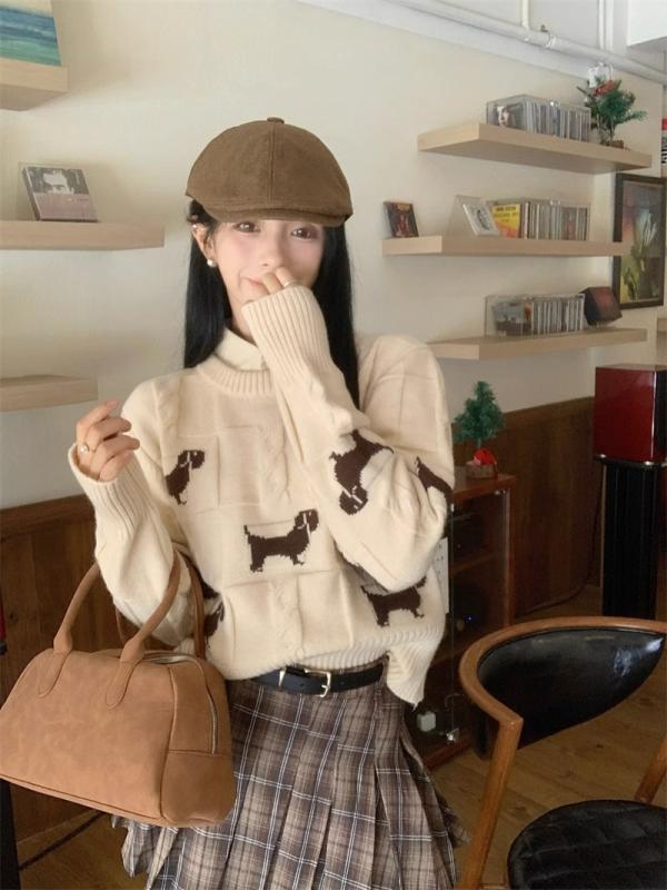 レディース トップス ニット オシャレ 韓国スタイル カワイイ カジュアル セーター カーディガン 長袖 ニット 秋 冬 インナー デザイン ルーズ ショート トップ 犬 ワンちゃん ドッグ柄