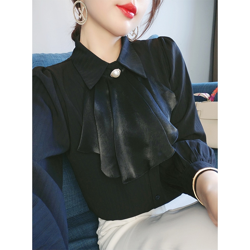 トップス シャツ ブラウス 袖あり 長袖 ボウタイ シフォン 大人可愛い きれいめ シンプル カジュアル 大人 上品 おしゃれ お洒落 レトロ こなれ感 ラブリー エレガント シック フェミニン 無地