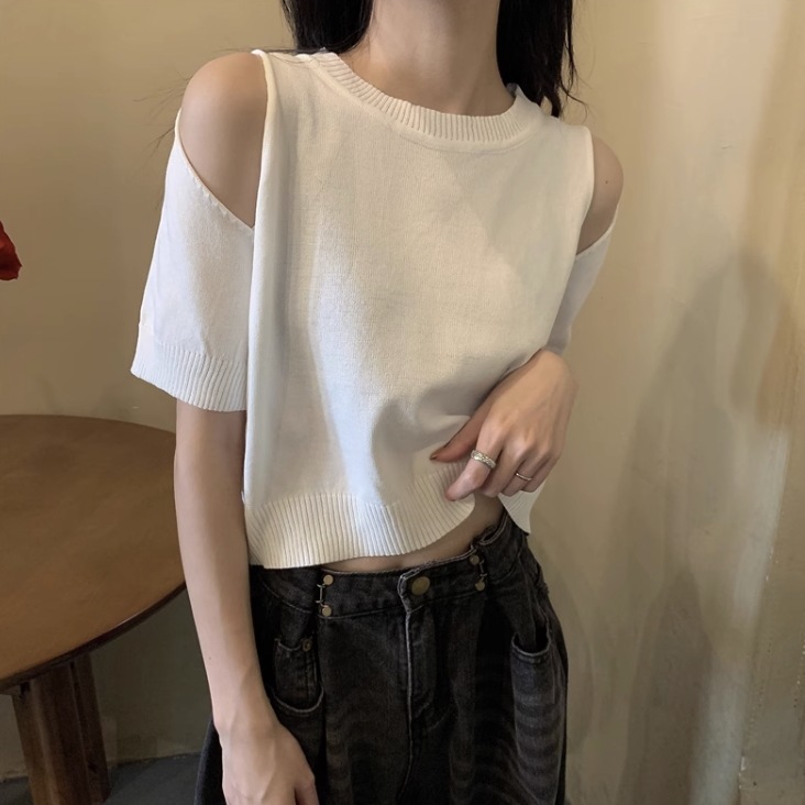 トップス ニットソー ショート ショート丈 袖あり 半袖 オフショルダー オフショル 襟なし かわいい 大人可愛い シンプル カジュアル 大人 おしゃれ お洒落 アジアン エスニック 大人女子