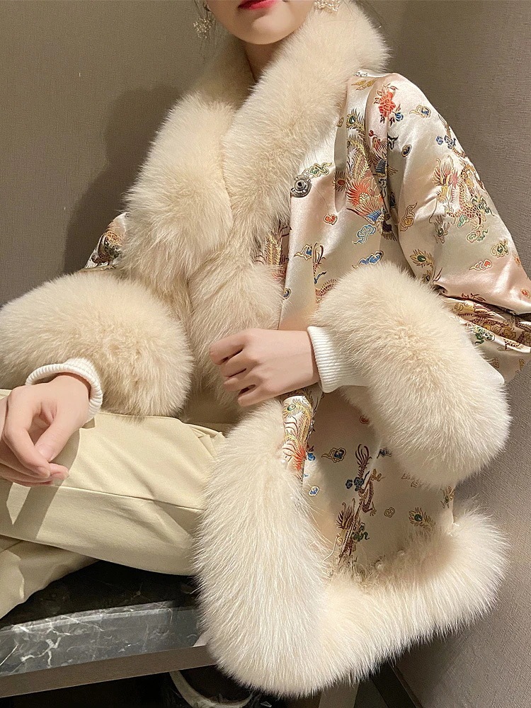 大好評 2025 新韓国スタイル模造キツネの毛皮のケープ毛皮のジャケットの女性の中国風ビーズ唐装コート冬