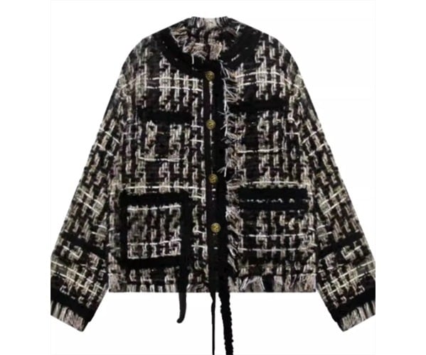 レディース ジャケット ノーカラージャケット ミドル丈 長袖 ポケット 厚手 ツイード フリンジ 大人可愛い カジュアル 上品 おしゃれ かっこいい レトロ こなれ感 ルーズ 個性的 クール