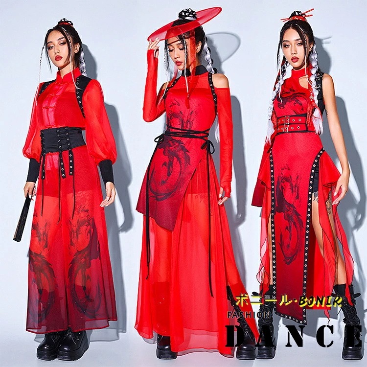 [イベントのための新作]ダンス衣装 レディース DS演出服 セットアップ 社交ダンス 大人 ガールズグループ ジャズ衣装 レッド ワンピース スカート チアガール ジャズダンス ヒップホップ セクシー
