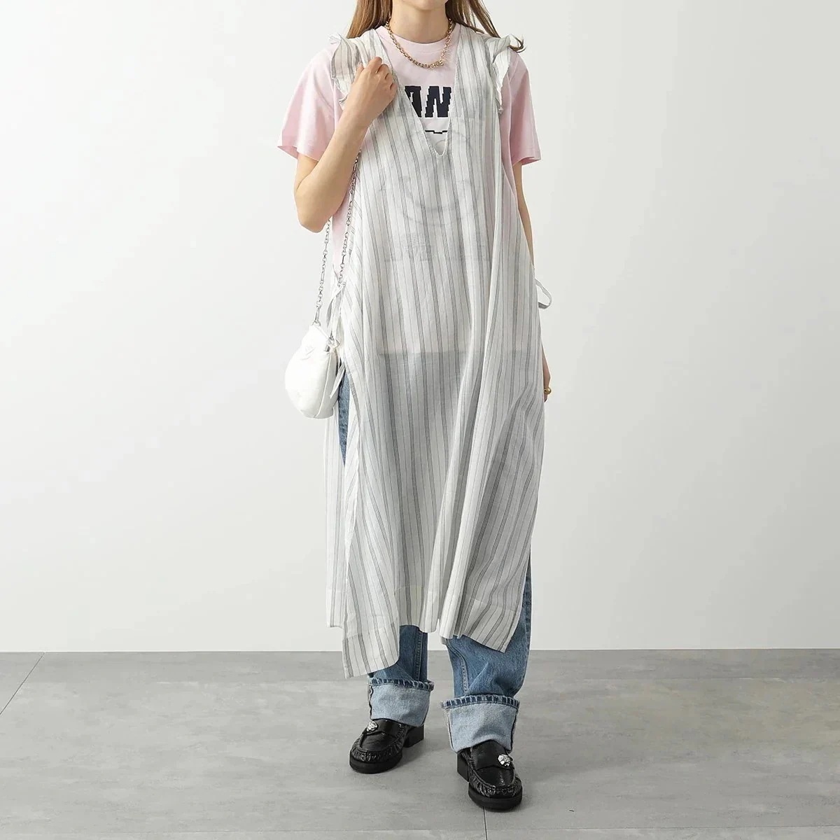 GANNI ガニー ワンピース F6966 6517 レディース ノースリーブ ストライプ フリル ラッフル サイドスリット レーヨン混コットン 135/Egr