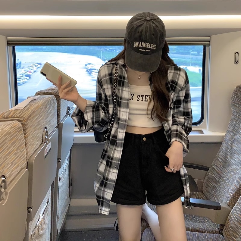 韓国 ガールズ グループ スタイル 夏 チェック柄 ルーズ オールマッチ カジュアル デザイン センス 日焼け止め シャツ トップス シャツ 袖あり 長袖 襟付き 上品 おしゃれ お洒落 こなれ感
