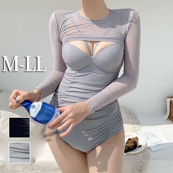 水着 レディース 袖あり 体型カバー レオタード水着 ブラック グレー 小胸 セクシー 袖付きビキニ 着痩せ パッド付 かわいい 女性 海水浴 温泉 韓国風