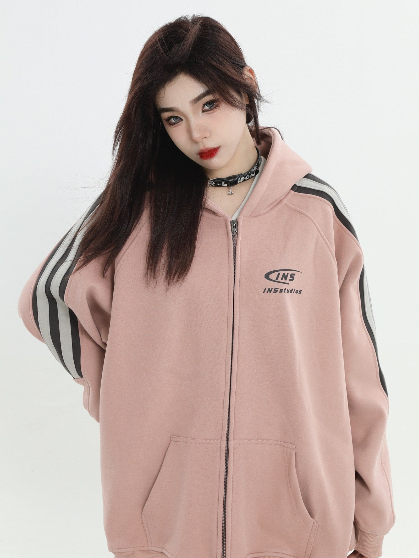 【急速出荷!】25トップス パーカー フード付き チャック長袖 ストライプ ゆったり おしゃれ かわいいシルエットサイズ学生 通勤韓国ファッション レディース大人お出かけラグランスリーブサイドフルトラ