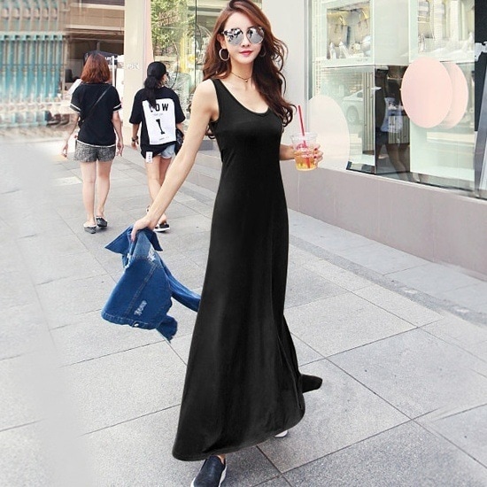 サイドスリット マキシワンピース ノースリーブ 袖なし ラウンドネック ロング丈 伸縮性 かわいい 可愛い シンプル カジュアル おしゃれ お洒落 セクシー 可愛い 女子 こなれ感