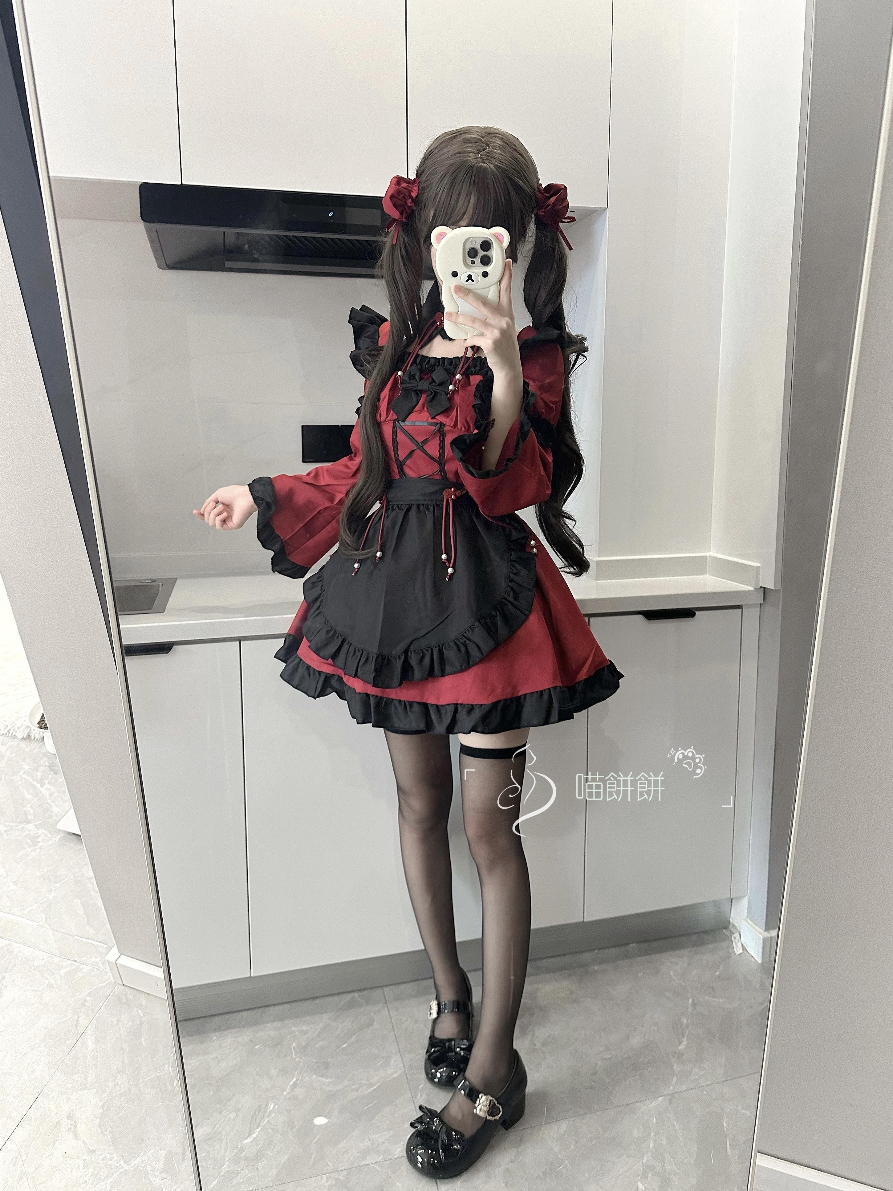 【ni-i-ight】ニャンコ餅: ハロウィーンメイド服暗黒系ゴシック風小悪魔黒紅長袖ロリータワンピース
