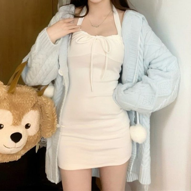 シックでユニークなレディース春秋ミドル丈フード付きセーターとカーディガンドレスのツーピースセット