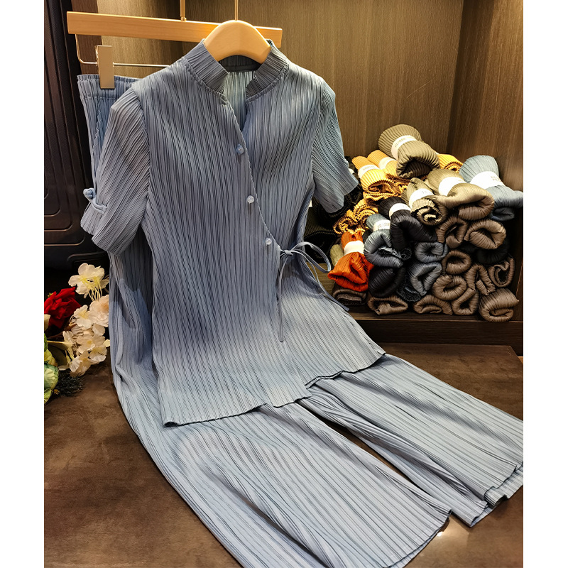 しわファッションスーツ気質レトロ立襟ストラップ上着ワイドパンツ2点セットif