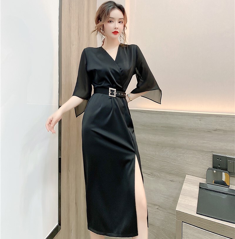 ワンピース 膝下 ミモレ ミモレ丈 袖あり 7分袖 七分袖 Vネック カシュクール 襟なし タイト ベルト ウエストマーク スリット サイドスリット ハイウエスト ポリエステル きれいめ 上品 お洒落