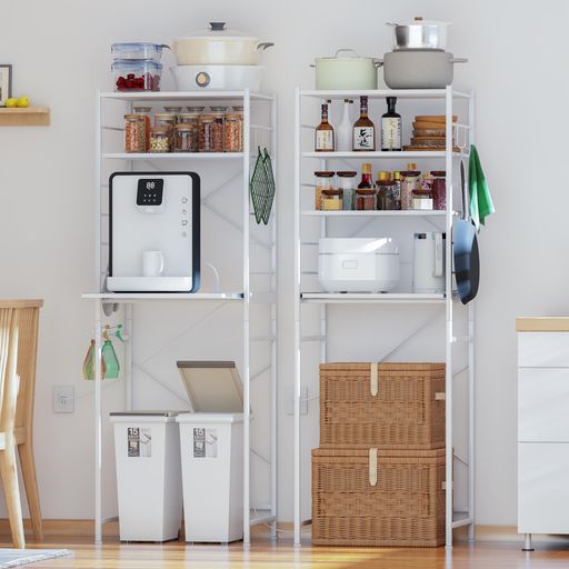 LUNARLIGHT キッチンベイカーラック キッチンラック レンジラック オープンラック 収納ゴミ箱上ラック 冷蔵庫上ラック 洗濯機ラック 可動式棚板付き レールでスライド棚板付き 2口コンセント付