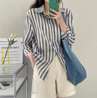 ストライプシャツ トップス Tシャツ シャツ ブラウス ビッグT ロング ロング丈 袖あり 長袖 Vネック 襟付き ストレート Iライン 前開き かわいい 大人可愛い ストライプシャツ トップス Tシャツ シャツ ブラウス ビッグT