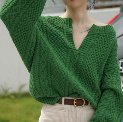 Vネックセーター グリーン ホワイト トップス ニットソー セーター スリム 細身 ストレート