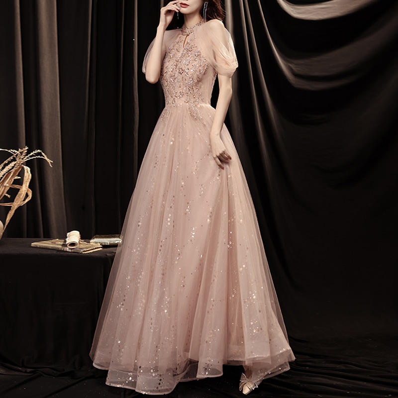 ホルターネック ロングドレス ウェディングドレス イブニングドレス パーティードレス レディース 半袖 Aライン ハイウエスト シースルー スパンコール チュール きれいめ 上品 おしゃれ エレガント