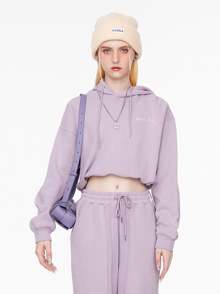 パープル ショート カジュアル ウエストレス フード付きスウェットシャツ 8,109円