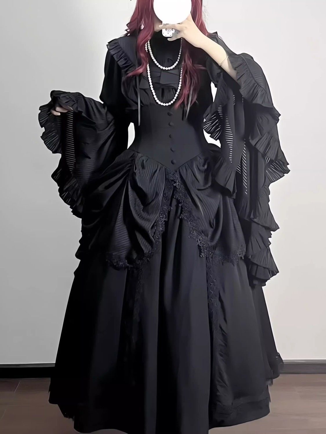 ロリータフルセット純白純黒袖シャツskボーンスカートダークゴシック風痩身デイリー