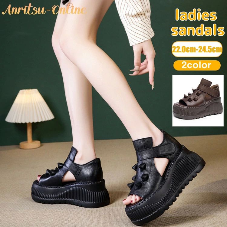 人気新品軽 シューズが靴 おしゃれ 美脚 ローマサンダル マジックテープ ミュール ヒール プラットフォーム 厚底 8cm 本革 夏 レディース