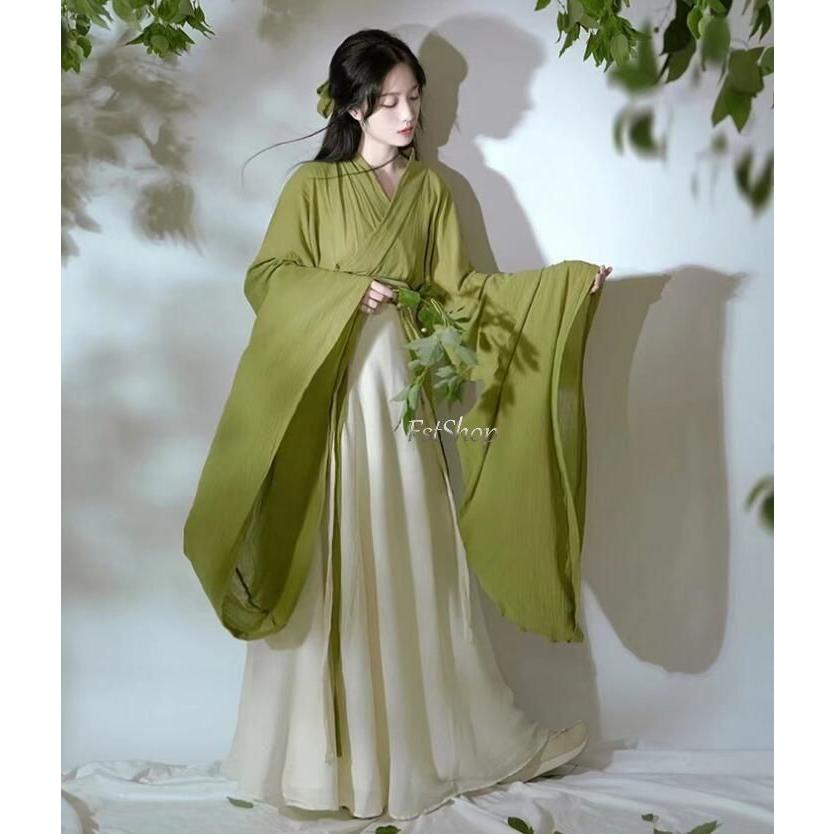 漢服チャイナドレス ダンス衣装セットアップ 古典ダンスウェア中華風レディース大人コスプレ衣装トップスとスカート演出服 変装ハロウィン大きい袖グリーン天女