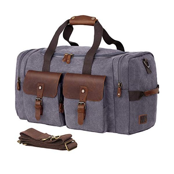WOWBOX Duffel Bag Weekender Bag for Men and Women Genuine Leather Canvas Travel Overnight Carry on B