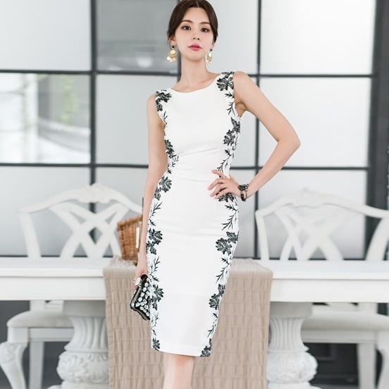 ワンピース レディース タイトスカート 膝丈 ひざ丈 袖なし ノースリーブ ラウンドネック スリム