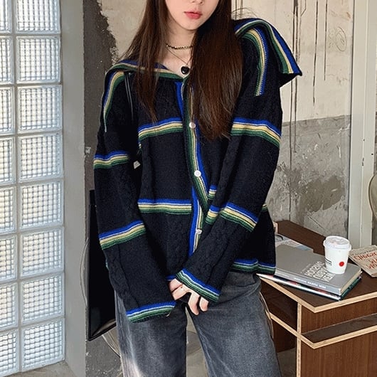 カーディガン トップス 長袖 クルーネック ラージカラー ケーブル編み ボーダー マルチカラ 幾何学模様 ケーブル編み お洒落 プチプラ トレーナー ニット セーター カットソー wto0