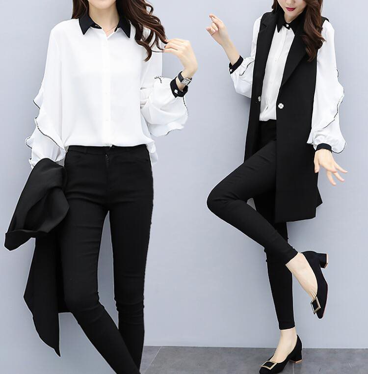 レディース2点セット ベスト+長袖シャツ ジレベスト ロングアウター ロングジレスーツ 着痩せ お洒 4,752円