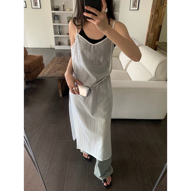 yuanpai Bluepops2024夏 テンセルvネックサスペンダースカート 韓国風カジュアル風レイヤードオーバースカート W0640