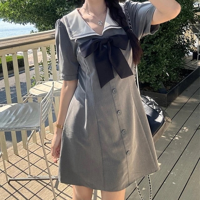 2024 春夏ワンピース ショート丈 制服風 リボン セーラー襟 Vネック 半袖 Aライン ゆったり 細見え 夏 おしゃれ かわいい キュート 韓国ファッション レディース お出かけ安い