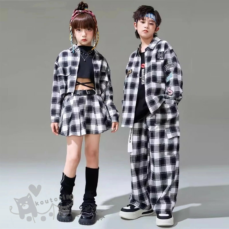 ダンス衣装 ヒップホップ 黒 チェック柄シャツ スカート パンツへそ出し キッズ ガールズ 男の子 セットアップ 派手 K-POP 韓国 ステージ衣装 応援団 練習着 体操服 発表会 hiphop 演