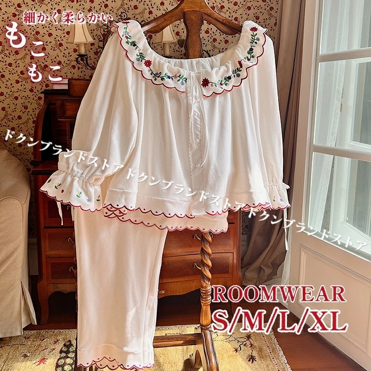 冬用 モコモコ パジャマ ルームウェア 上下セット レディース 秋冬 大人 暖かい もこもこ 裏起毛 ふわふわ 防寒 ボア ネル あったか 長袖 長ズボン 前開き かわいい 花柄 Uネック 部屋着 彼