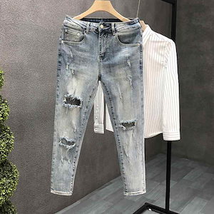 【送料無料】コーデ メンズ シンプル ファッション オシャレ 大人 かっこいい 大きいサイズ ストリート 紳士 リップド ジーンズ スリム フィット パンツ 薄手 ライト カラー ロング パンツ