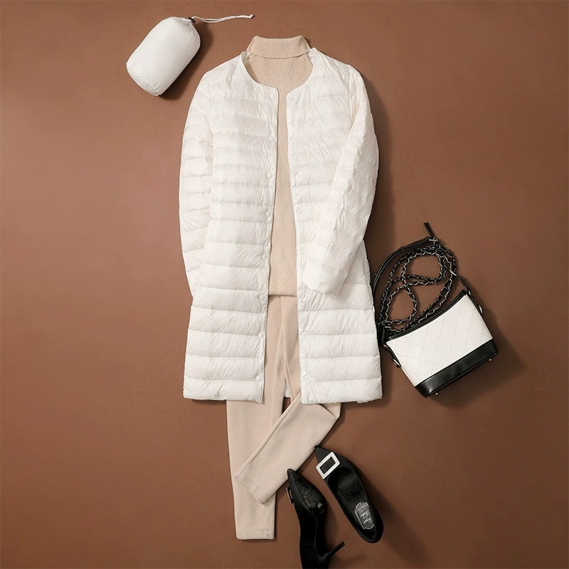 2025秋冬軽量ミディアム丈ダウンジャケット レディース 新作 製品 ラウンドネック ロング アウター Vネック変換可能 インナー