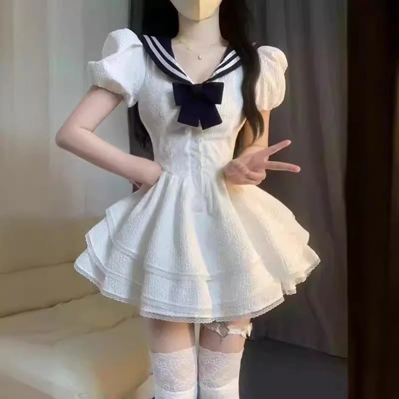 ネイビーカラーワンピースレディース夏甘初恋パフスリーブレディース和風ウエストパフスカートヘア
