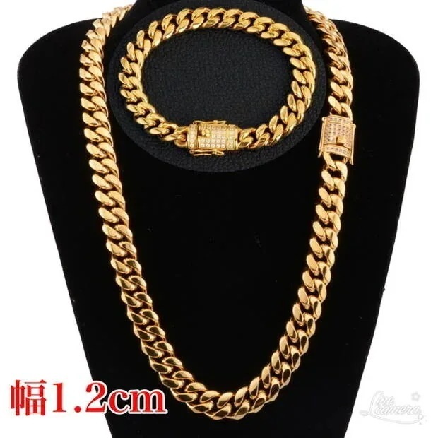 【急速出荷】喜平チェーン ネックレス ブレスレット 2点 セット メンズ 金属アレルギー対応 サージカルステンレスチェーン キヘイ 12mm 幅 k18 ゴールド 18純金（PVDコーティング) ジ