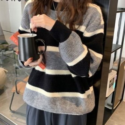 マルチボーダーニット トップス セーター 袖あり 長袖 ラウンドネック かわいい 大人可愛い