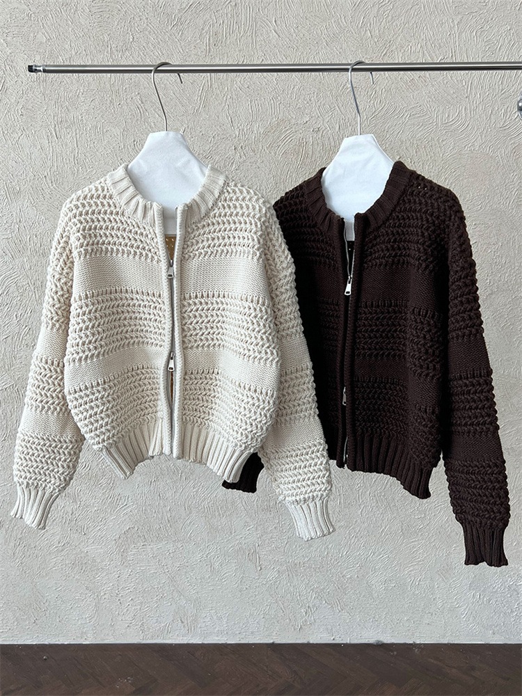 激安セール 2025秋冬 だらりとした感じの厚手ウールニット ダブルファスナー丸首カーディガン 4,171円