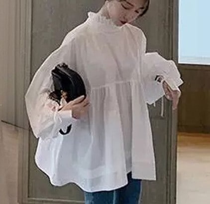 トップス ブラウス カットソー 白トップス 袖あり 長袖 ボリューム袖 ハイネック 襟なし Aライン リボン バックリボン かわいい 大人可愛い シンプル 大人 おしゃれ お洒落 大人可愛い