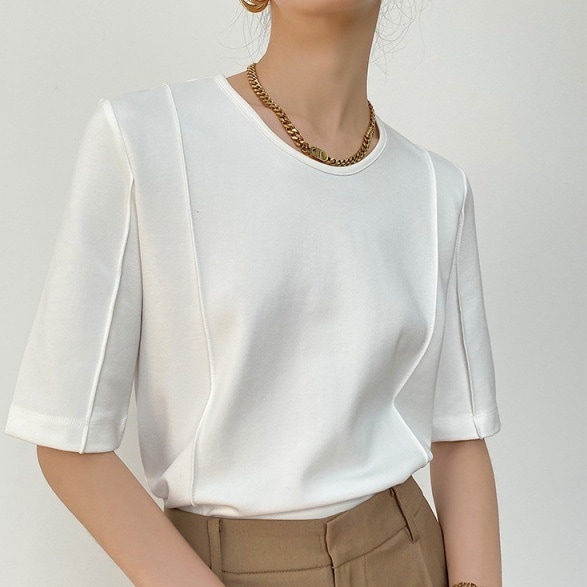 トップス カットソー プルオーバー 5分袖 ラウンドネック ミディアム丈 かわいい 大人可愛い きれいめ シンプル 上品 おしゃれ かっこいい カジュアル レトロ きちんと こなれ感 個性的 主役級