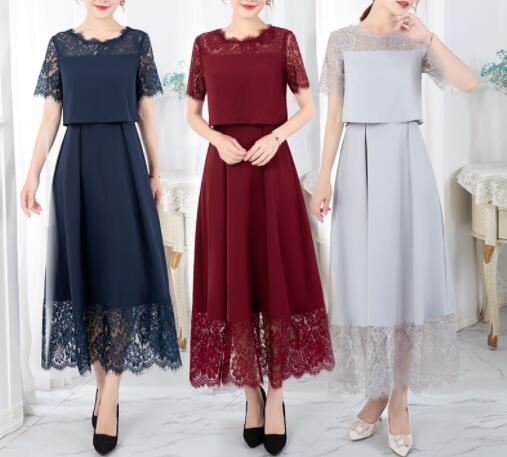 ワンピース　結婚式　レース　パーティードレス　5色　発表会　二次会　披露宴　ロング丈　袖あり　上品