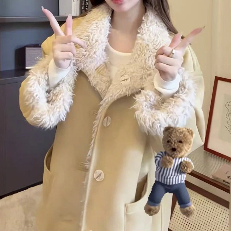 フェイクファーコート 冬 新作 ラムウール コート レトロ おしゃれ 上品 毛皮 一体 厚手 カーディガン